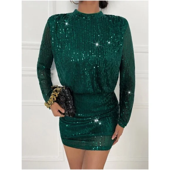 Luxe Long Sleeve Sequin Party Bodycon evening Dress - Picture 2 of 9
